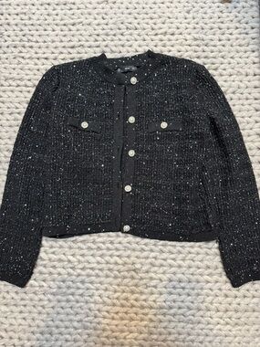 MANGO Black Tweed Pearl-Button Cropped Sweater Jacket - Women